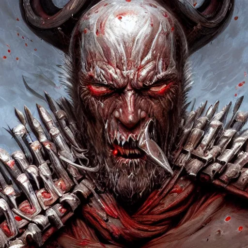 Image similar to closeup portrait shot of clint eastwood as khorne, the blood god, lord of skulls, kharneth, battle, rage, highly detailed, digital painting, artstation, concept art, soft focus, depth of field, artgerm, tomasz alen kopera, peter mohrbacher, donato giancola, wlop, boris vallejo