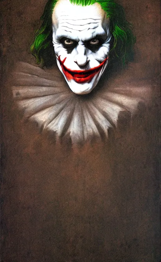 Prompt: portrait of The joker by Leonardo da Vinci, renaissance painting, high quality scan