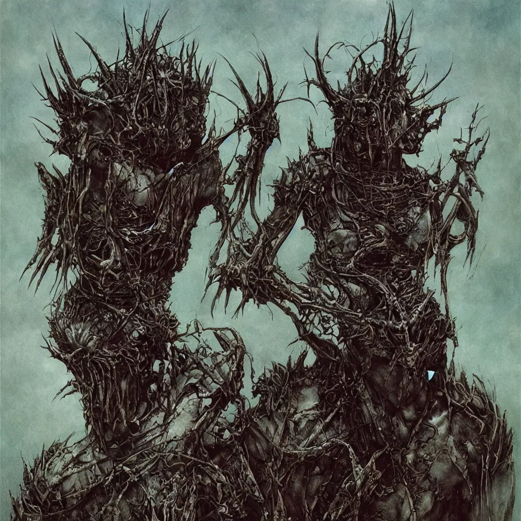 Prompt: A creepy armored horned fanged demon woman with blue scarred skin wrapped in barbed wire. Extremely high detail, realistic, fantasy art, solo, bones, textured, masterpiece, saturated colors, intricate ominous visionary concept art tangled, ripped flesh, art by Zdzisław Beksiński, Arthur Rackham, Dariusz Zawadzki