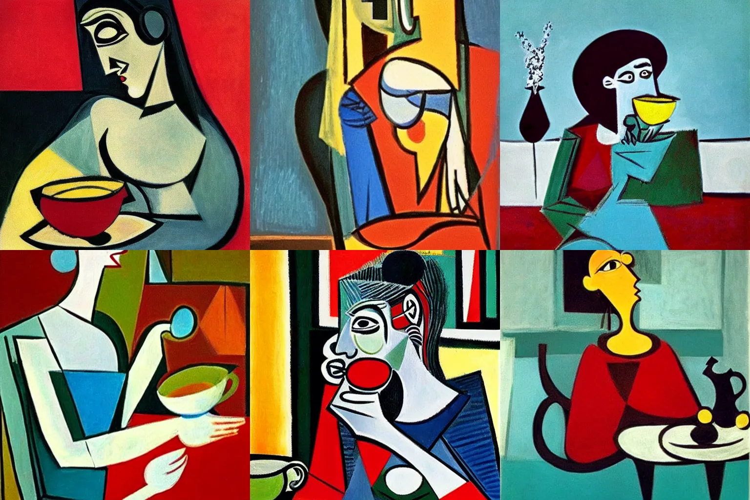 Prompt: a woman drinking tea by Pablo Picasso by Pixar!!!