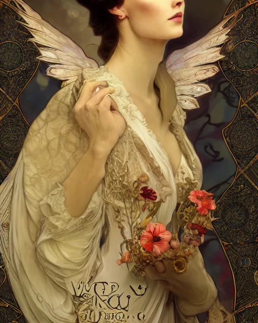 Image similar to wlop and alfons mucha detailed portrait digital rococo painting of a beautiful serious cat wearing fantasy clothing like liliana vess. the cat has black angel wings, evil mood, hellish battlefield in the background, unreal engine, embers flying, hyper realism, realistic shading, cinematic composition, blender render, octane render, ultrawide shot