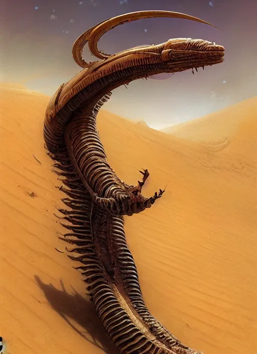 Prompt: highly detailed worm of dune, sci - fi, desert. by giger, greg rutkowski and gaston bussiere and craig mullins and j. c. leyendecker, hd