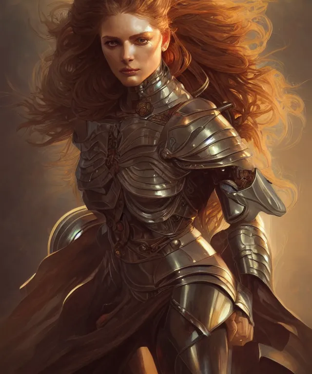 Image similar to Muscular and powerful medieval knight woman portrait, sci-fi, amber eyes, face, long hair, fantasy, intricate, elegant, highly detailed, digital painting, artstation, concept art, smooth, sharp focus, illustration, art by artgerm and greg rutkowski and alphonse mucha