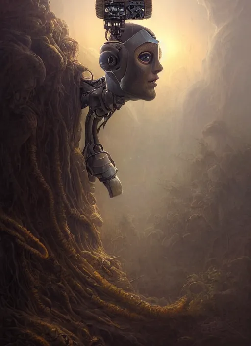 Image similar to Portrait of an Ancient Robot on a clearing, extremly detailed digital painting, in the style of Tomasz Alen Kopera and Fenghua Zhong and Peter Mohrbacher, mystical colors, rim light, beautiful lighting, 8k, stunning scene, raytracing, octane, trending on artstation