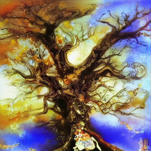 Prompt: an amano oil painting of a very wonderful perfect amazing incredible glorious beautiful mind flowing giant tree of heavenly grace