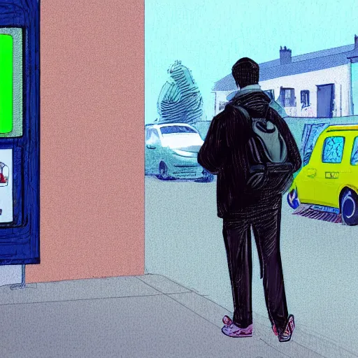 Image similar to a young man waiting at the bus stop in ireland, digital art