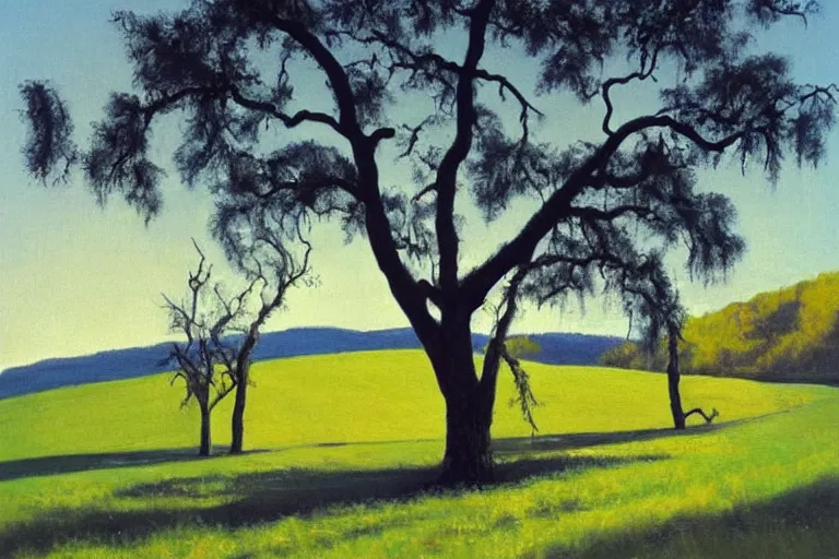 Prompt: masterpiece painting of oak trees on a hillside overlooking a creek, dramatic lighting, by wayne thiebaud