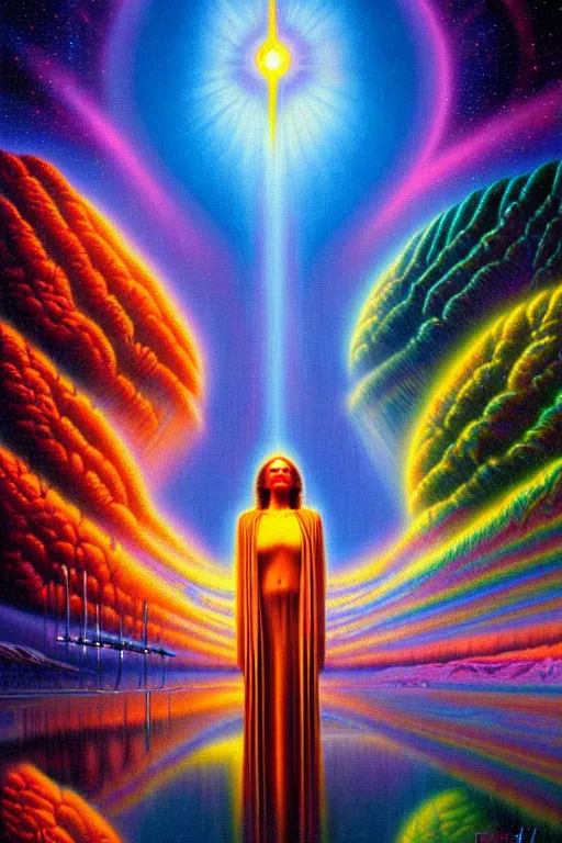 Prompt: a photorealistic detailed image of a beautiful vibrant iridescent futuristic human evolution, spiritual science, divinity, utopian, by david a. hardy, kinkade, lisa frank, wpa, public works mural, socialist