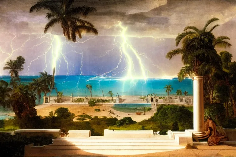 Prompt: mediterranean balustrade and columns, refracted lightnings on the ocean, thunderstorm, sun rays, greek pool, beach and Tropical vegetation on the background major arcana sky and occult symbols, by paul delaroche, hyperrealistic 4k uhd, award-winning, very detailed paradise