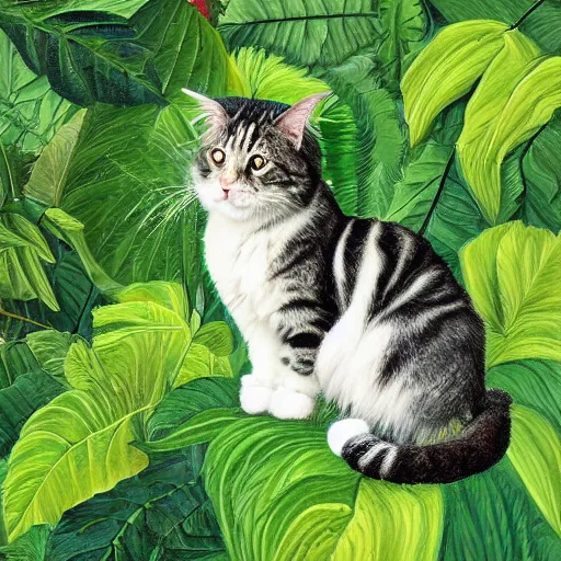 Prompt: a maincoon cat among big green leaves, digital painting, very detailed, in the style of mantegna