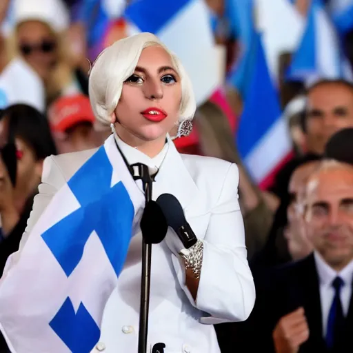 Image similar to Lady Gaga as president, Argentina presidential rally, Argentine flags behind, bokeh, giving a speech, detailed face, Argentina