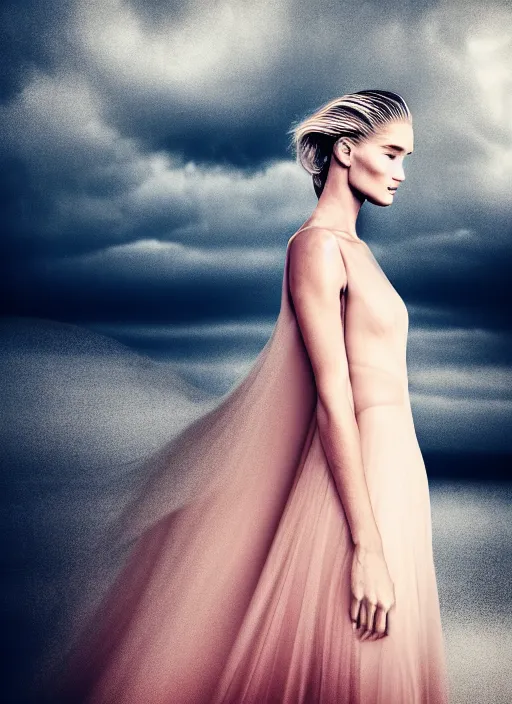 Image similar to portrait photography of a beautiful woman, in fine art photography style of Giovanni Gastel , rosie huntington whitely style 3/4 , natural color skin pointed in rose, hair stormy clouds, full body dressed with a ethereal transparent voile dress, elegrant, 8K, soft focus, melanchonic soft light, volumetric dramatic lighting, highly detailed Realistic, hyper Refined, Highly Detailed, natural point rose', outdoor soft lighting, soft dramatic lighting colors scheme, soft blur lighting, fine art fashion photography