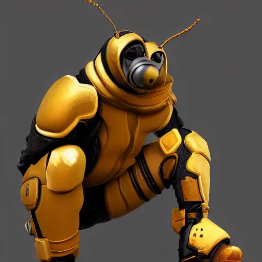 Image similar to a bee squatting in knee pads, extremely detailed, digital painting, sculpted in zbrush, artstation, concept art, smooth, sharp focus, illustration, chiaroscuro soft lighting, golden ratio, rule of thirds, fibonacci, lots of reflective surfaces, subsurface scattering