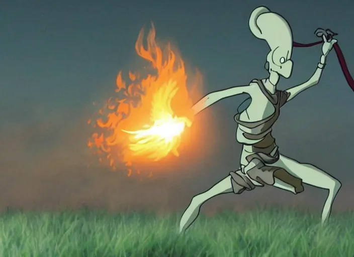 Image similar to squidward practicing firebending in an open field at susnset, screenshot from animated tv show'avatar : the last airbender'