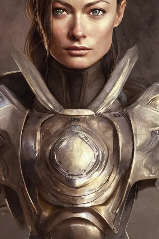 Image similar to a professional painting of a young Olivia Wilde, clothes in military armor, olive skin, long dark hair, beautiful bone structure, symmetrical facial features, intricate, elegant, digital painting, concept art, smooth, sharp focus, illustration, from StarCraft by Ruan Jia and Mandy Jurgens and Artgerm and William-Adolphe Bouguerea