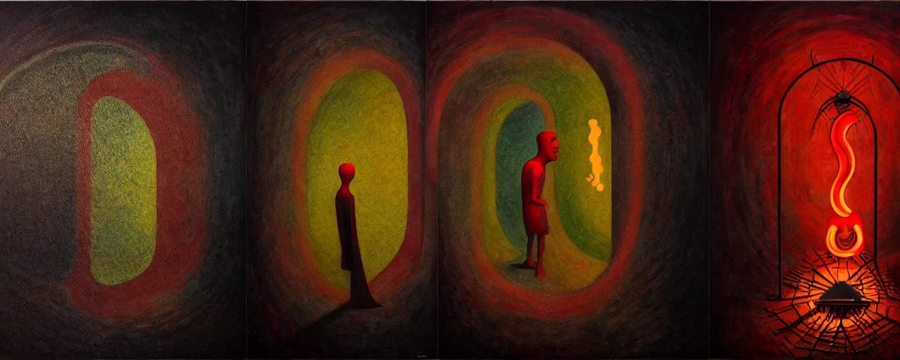 Image similar to hedonic treadmill, dark uncanny surreal painting by ronny khalil, shaun tan, and kandinsky, dramatic lighting from fire glow, mouth of hell, ixions wheel