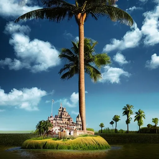 Image similar to a castle surrounded by giant palm trees on a giant floating island in the sky, giant light realistic light bulb glowing in the sky, cinematic, digital art by erik johansson, 8 k resolution, hyper detailed, sharp focus