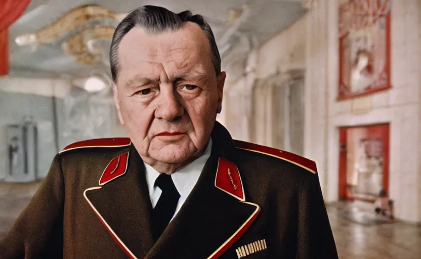 Image similar to 50s movie still close-up portrait of an elder soviet general standing in an empty giant stalinist style museum, by David Bailey, Cinestill 800t 50mm eastmancolor, heavy grainy picture, very detailed, high quality, 4k, HD criterion, precise texture and facial expression