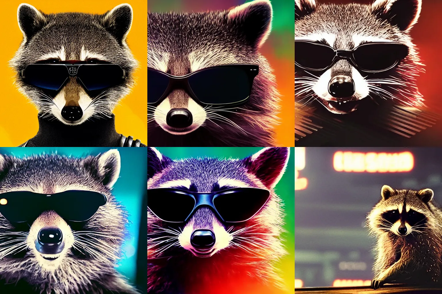 Prompt: still of a poster with a close up photo of a real Raccoon wearing sunglasses, black background, in the movie Blade Runner 2049, HD, neon lit, highly detailed, no text