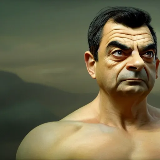 Image similar to upper body portrait of a hulking herculean chiseled mr bean rowan atkinson, cinematic lighting, photorealistic, octane render, 8 k, depth of field, 3 d, art by artgerm and greg rutkowski and alphonse mucha and uang guangjian and gil elvgren and sachin ten