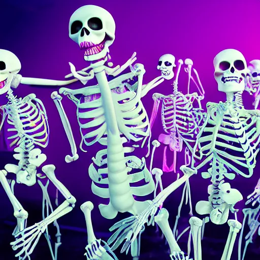 Prompt: photo, a giant crowd of realistic anatomically correct claymation skeletons dancing sensually and cool inside a colorful futuristic night club, blue edge lighting