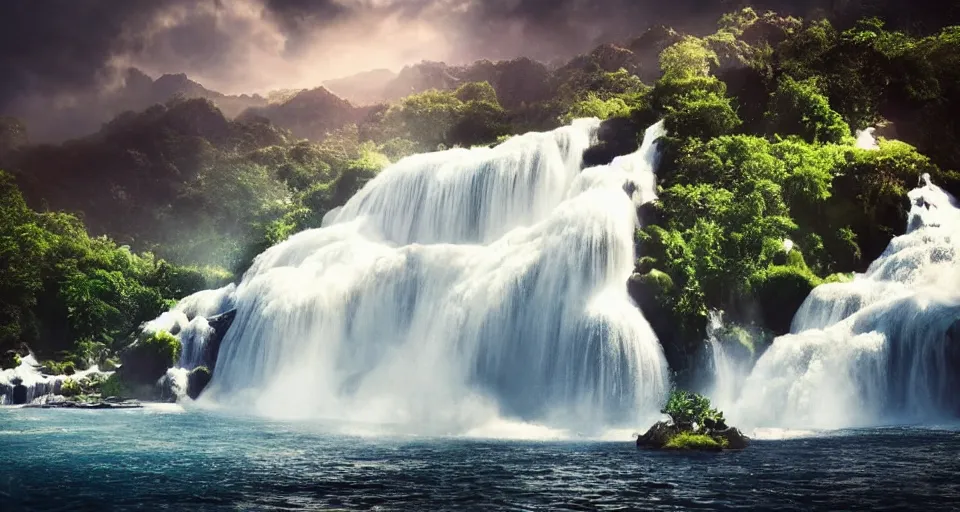 Prompt: An epic floating island in the sky, waterfall flowing down from the island, epic lighting, epic composition, cinematic