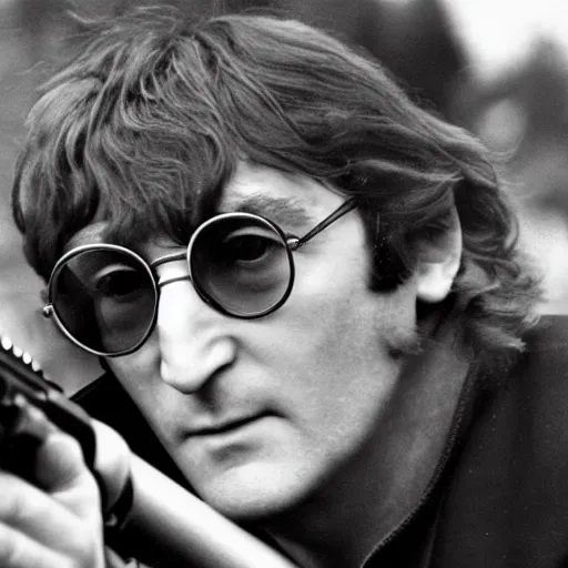 Image similar to john lennon looking down a sniper rifle, city background, photography, high quality, 8 k,