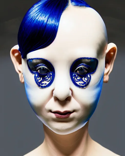 Image similar to symmetrical portrait of a woman wearing a embroidered translucent silicone beauty mask and deep blue hair buns, wearing a black bodysuit by alexander mcqueen, cream white background, soft diffused light, biotechnology, humanoide robot, bjork aesthetic, translucent, by rineke dijkstra, intricate details, highly detailed, masterpiece,