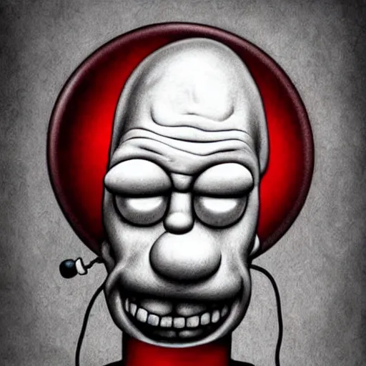 Prompt: surrealism grunge cartoon portrait sketch of homer simpson with a wide smile and a red balloon by - michael karcz, loony toons style, pennywise style, horror theme, detailed, elegant, intricate