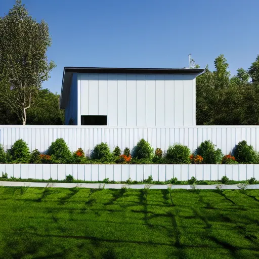 Image similar to Modern Farmhouse villa, white block fence, greenery growing, white plank siding, galvalume metal roofing, simple gable roofs, lush landscaping, sunny, napa,