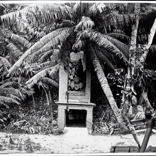Prompt: lost film footage of a sacred artifact in the middle of the ( ( ( ( ( ( ( ( ( tropical jungle ) ) ) ) ) ) ) ) ) / ethnographic object / sacred / film still / cinematic / enhanced / 1 9 0 0 s / black and white / grain