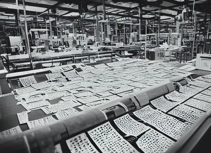 Image similar to data processing plant, with retro matrix printers rapidly printing sheets of paper overflowing onto the floor. 2000s computer ad style picture in high contrast color