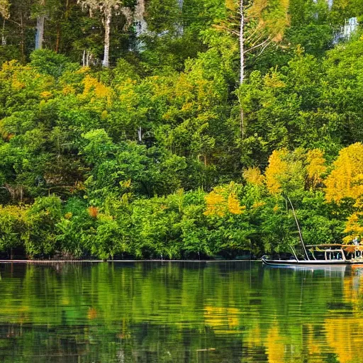 Image similar to surrealist fisherman in boat on calm lake with many trees along the shoreline during twillight