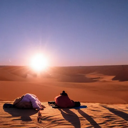 Image similar to a photo of Ghandi sleeping rough in the Sahara during sunrise, perfect lighting