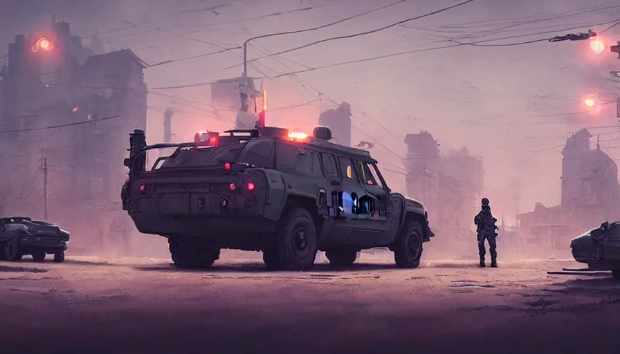 Image similar to a militarized police vehicle riding through an orwellian town, action scene, an epic fantasy, dramatic lighting, cinematic, establishing shot, extremely high detail, photorealistic, cinematic lighting, artstation, octane render, by simon stalenhag, horizon forbidden west