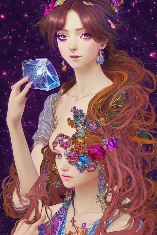 Image similar to psychedelic, intricate, highly detailed, anime, 4k, beautiful seductive woman holding a crystal containing the universe, with professional makeup, long trippy hair, surrounded by gems, underneath the stars, trending on patreon, deviantart, twitter, artstation, volumetric lighting, heavy contrast, by artgerm and Ilya Kuvshinov and alphonse mucha