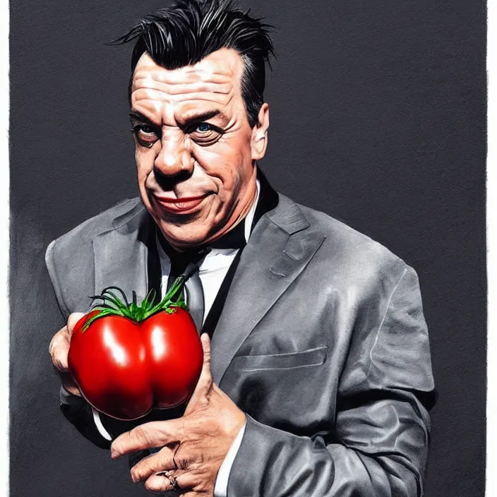Image similar to portrait of till Lindemann. Caricature artwork. trending on artstation, very coherent symmetrical artwork. He's eating a tomato. He cosplays thanos. cinematic, hyper realism, high detail, newspaper illustration, iridescent accents