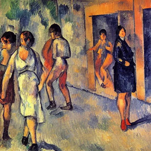 Prompt: disco party, strobo lights, teenagers dancing, shorts and short skirts, streets of an italian small town, impressionist drawing by cezanne, high definition