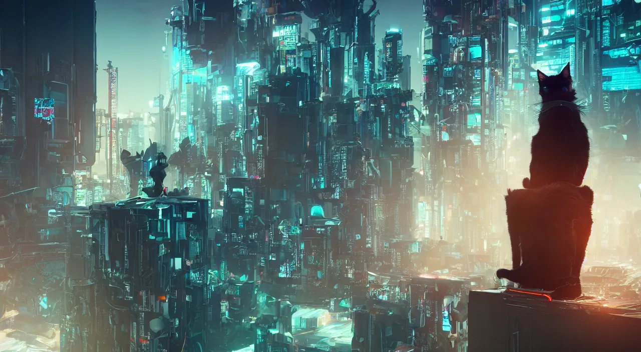 Prompt: A futuristic cyborg cat sits on the edge of a wall looking out over a cyberpunk city, unreal engine, art station, octane render, grunge, neon lights, flying cars, robots, laser, 8k