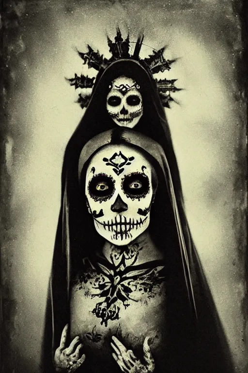 Image similar to photogravure, tintype virgin mary in dia de muertos dress and make up, horrific beautiful vibe, evocative, atmospheric lighting, painted, intricate, highly detailed, leesha hannigan, wayne haag, reyna rochin, ignacio fernandez rios, mark ryden, iris van herpen, stunning, gorgeous, sharp focus, cinematic, masterpiece