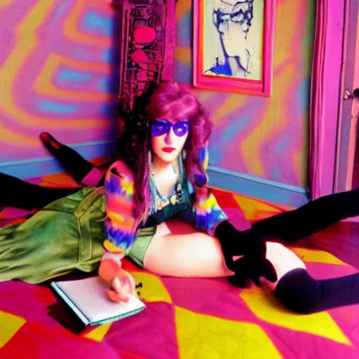 Prompt: rocker goth teen girl laying on the floor, writing on journal. 1970s colorful psychedelic bedroom. Trippy. Realistic. Egon.