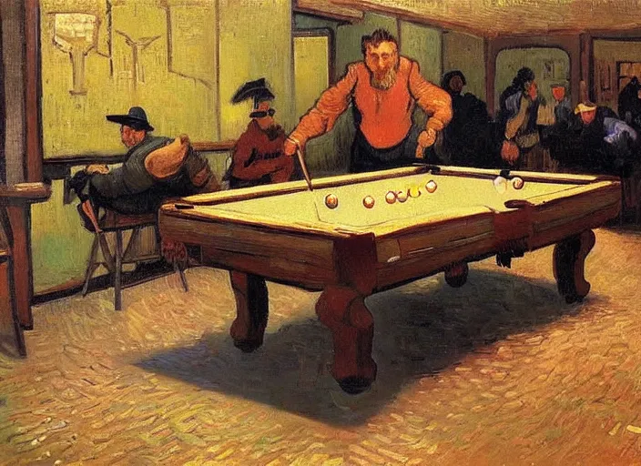 Prompt: a highly detailed beautiful portrait of van gogh playing pool, by gregory manchess, james gurney, james jean