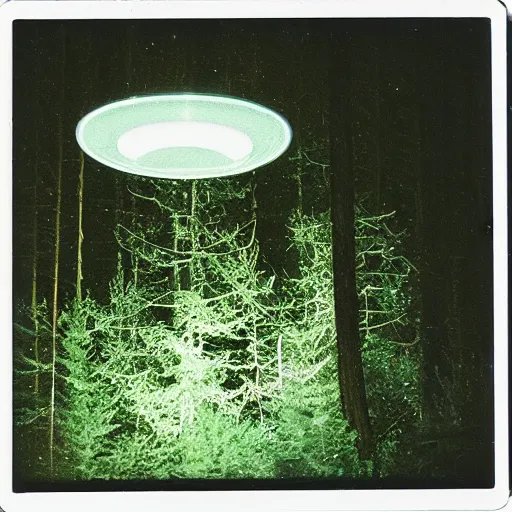 Image similar to a ufo with glowing lights flying over a forest at night, old polaroid, expired film,