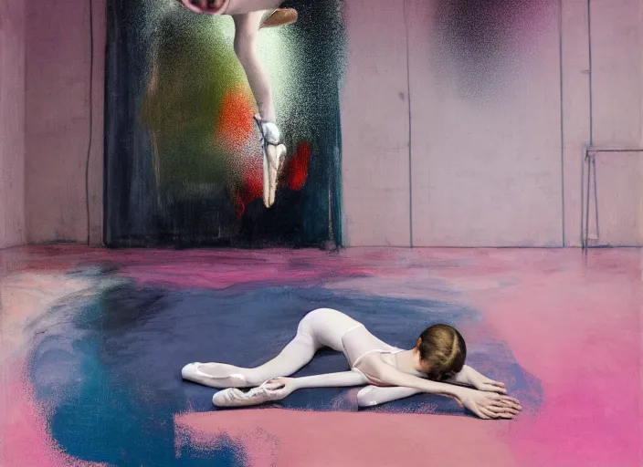 Image similar to portrait of nervous young girl ballerina sitting on the floor focusing in a dance hall by beeple and hernan bas and francis bacon and pat steir and hilma af klint, psychological, photorealistic, symmetrical face, dripping paint, washy brush, matte painting, rendered in octane, altermodern, masterpiece