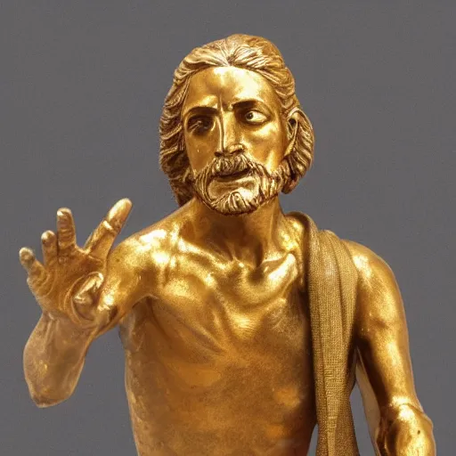 Image similar to a golden statue of a beggar extending his hand, realistic, detailed