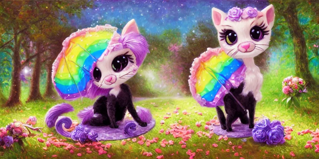 Image similar to 3 d littlest pet shop cat, lacey accessories, glittery wedding, ice cream, gothic, raven, rainbow, smiling, forest, master painter and art style of noel coypel, art of emile eisman - semenowsky, art of edouard bisson