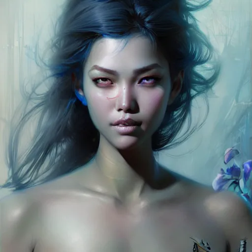 Prompt: beauty aisan girl, illustration, by christophe young