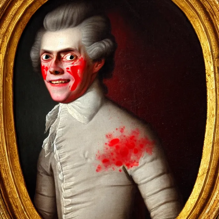 Image similar to an 18th Century royal portrait of a smiling Willem Dafoe with blood red eyes, portrait, 8k