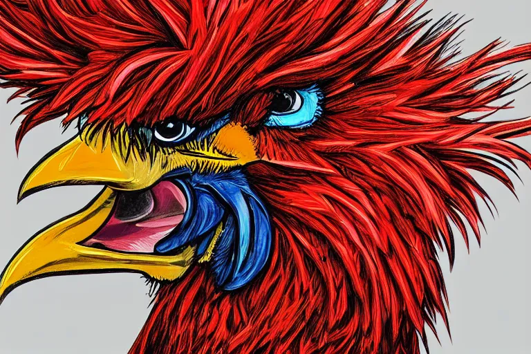 Prompt: illustration of an angry rooster, by willian santiago, intricate, detailed, sharp focus, lively colors, portrait