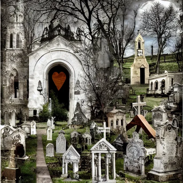 Prompt: graveyard, church, surrealistic collage art